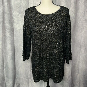 Fashion Avenue Black and Gold Sequin 3/4 Sleeve Tunic Sweater - size Large